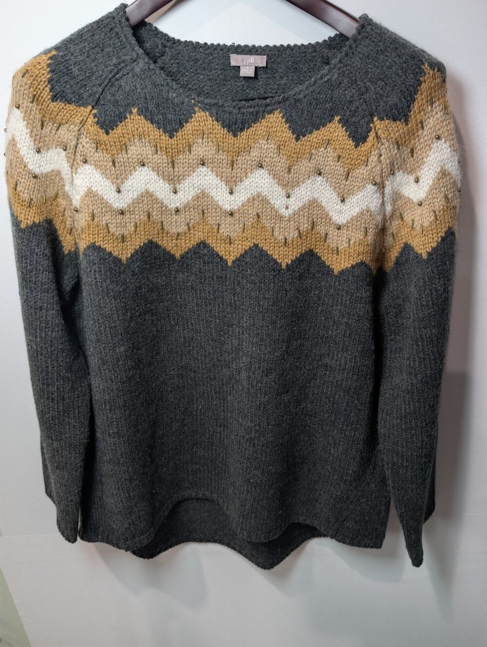 J. Jill Large Gray Brown Wool Knit Sweater Long Sleeve Crew Neck Embellished L